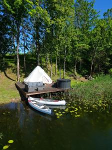 a tent and two canoes sitting on a dock next to a lake at Pelakys Glamping Lounge in Šlepečiai