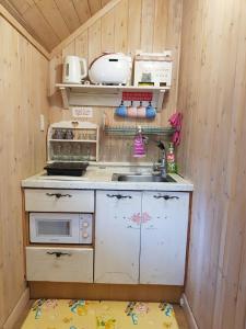 a small kitchen with a sink and a stove at Finland Village Pension in Geoje