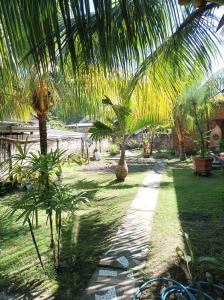 a garden with palm trees and a pathway at Merendeng Hostel Kuta in Kuta Lombok