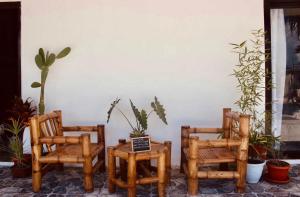 a group of three wooden chairs sitting next to a wall at The Hangover Hostel in Moalboal