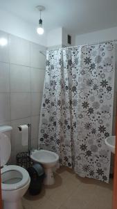 a bathroom with a toilet and a shower curtain at B & V departamentos in San Salvador de Jujuy