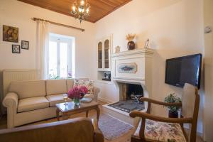 a living room with a couch and a fireplace at Guesthouse Simou with view 3 bedrooms in Arachova