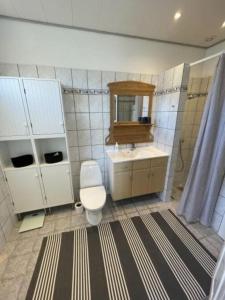 La salle de bains est pourvue de toilettes et d'un lavabo. dans l'établissement Skønt feriehus midt i Marstal., à Marstal