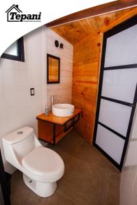 ein Bad mit einem WC und einem Waschbecken in der Unterkunft Cabañas Tepani in Tzicuilán
