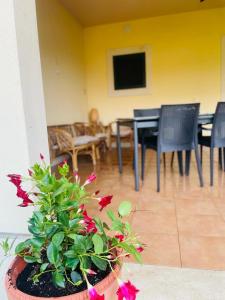 a living room with a table and chairs and flowers at Il mare di Matera in Policoro