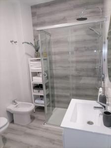 uma casa de banho com um chuveiro, um WC e um lavatório. em Precioso apartamento con patio interior. em Medina Sidonia