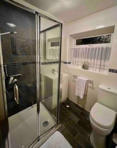 een badkamer met een toilet en een glazen douche bij Cheerful 2 Bedroom Home with Off-road parking in Deysbrook