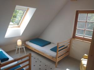 ゼープニッツにあるFerienwohnung Broxの二段ベッド1組、窓2つが備わる小さな客室です。
