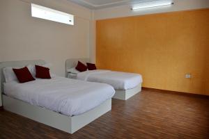 加德滿都的住宿－Mount Star Homestay，一间卧室设有两张床和一堵墙