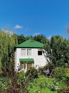 een klein wit huis met een groen dak bij PARK HOTEL Uralsk in Oral