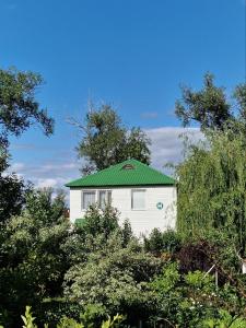 PARK HOTEL Uralsk في أورالسك: مبنى ابيض بسقف اخضر اشجار