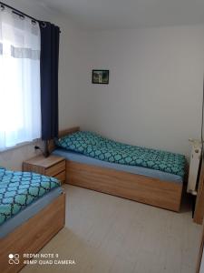 sypialnia z 2 łóżkami i oknem w obiekcie Hostel Wiśniowa 55 we Wrocławiu