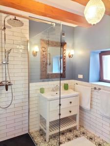 a bathroom with a shower and a sink at Les capucines la souris des champs in Étival-Clairefontaine