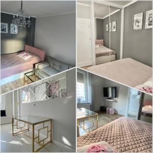 a collage of four pictures of a room at Glamour Apartment przy plaży, z parkingiem prywatnym in Sopot