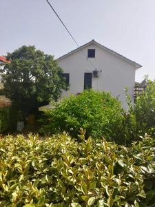 a white house behind a bush with a building at Holiday Home Bukovac in Klimno