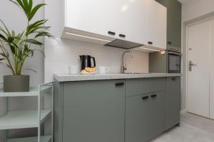 a kitchen with gray and white cabinets and a plant at Cozy & Stylish Studio Ochota 1,5 km to Złote Tarasy by Renters in Warsaw