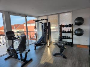 a gym with treadmills and exercise equipment in a room at Dida Boža House in Vodice