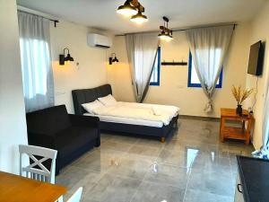 een woonkamer met een bed en een bank bij Bein Tavor Lekineret- quiet cabin in Neve Ilan in Sede Ilan