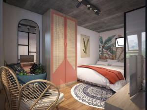 a bedroom with a bed and a table and chairs at HnH homestay in Hanoi +5 photos