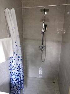 La salle de bains est pourvue d'une douche avec rideau de douche. dans l'établissement MATT Bed and Breakfast, à Lilongwe