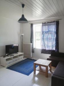 a living room with a couch and a tv at Urlaub auf einem alten Resthof am Meer in Gelting