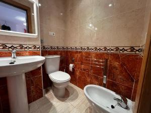 een badkamer met een toilet, een wastafel en een spiegel bij ACV- Marina Trebol III-2ª Linea planta 1 sur-3 habitaciones in Oropesa del Mar