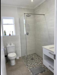 La salle de bains est pourvue d'une douche, de toilettes et d'un lavabo. dans l'établissement Bing Heights Suite, à Hermanus