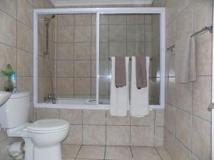 een badkamer met toilet en douche met handdoeken bij 2-Bedroom Apartment within 1km of The Point Beach in Mosselbaai +17 foto's