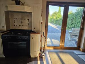 a kitchen with a stove and a door to a patio at Celtic Lane in Galway