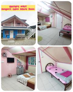 Dongorit Cabin Deluxe Room في Kampong Kundassan: اربع صور لغرفة فيها سرير و منزل