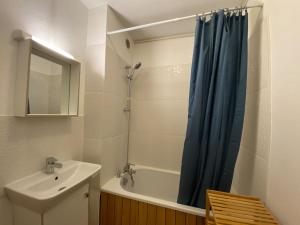 een badkamer met een blauw douchegordijn en een wastafel bij T2 cosy proche hôpital + parking gratuit sur place in Auxerre
