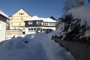 una entrada cubierta de nieve frente a una casa en Ferienwohnung Simon en Braunlage