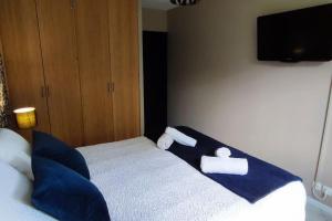 sypialnia z łóżkiem z niebieskimi poduszkami i telewizorem w obiekcie Calme - Bien équipé - Parking -Terrasse w mieście Pau