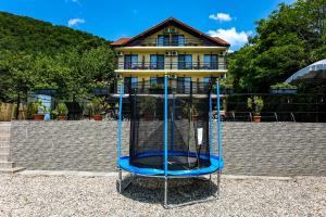 a bird cage in front of a house at Pensiunea Celestin in Eşelniţa