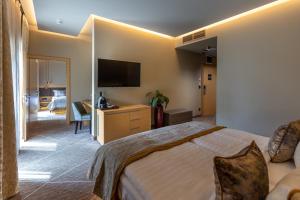a hotel room with a bed and a television at Avalon Resort & SPA in Miskolctapolca