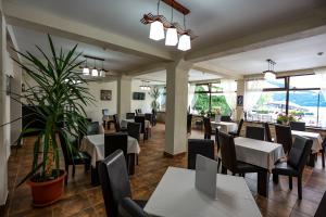 a restaurant with tables and chairs and a plant at Pensiunea Celestin in Eşelniţa
