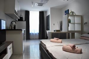 - une chambre avec 2 lits et des serviettes dans l'établissement Apartma Darsi, à Ajdovščina