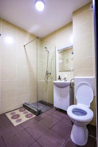 a bathroom with a toilet and a shower and a sink at Casa Celestin in Eşelniţa