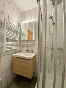 a bathroom with a sink and a shower and a mirror at Apartment "Gabi" Sonnleitn/Nassfeld in Sonnenalpe Nassfeld