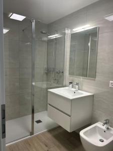 een witte badkamer met een wastafel en een douche bij LabPark Modern apartment in Melano