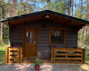 eine Hütte im Wald mit einer Holztür in der Unterkunft Dagö Berry suvemaja in Hiiumaa