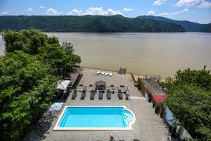 an overhead view of a swimming pool next to a lake at Pensiunea Celestin in Eşelniţa