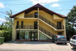 a yellow house with a car parked in front of it at Pensiunea Celestin in Eşelniţa