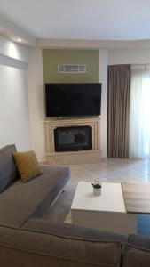 a living room with a couch and a tv at Luxurious 2-bedroom 100m2 Apartment in Elliniko in Athens