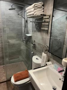 a bathroom with a shower and a toilet and a sink at Jindagu Hotel Ipoh in Ipoh