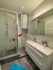 a bathroom with a shower and a sink and a mirror at Apartment "Herbert" Sonnleitn/Nassfeld in Sonnenalpe Nassfeld