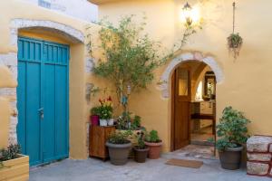 an entrance to a house with blue doors and potted plants at convexa domus in Pazinos