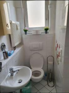 a bathroom with a toilet and a sink and a window at Wohnung im Zentrum von Darmstadt in Darmstadt