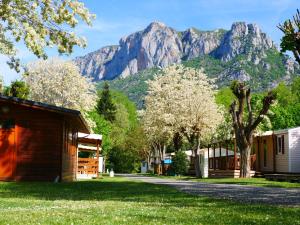 uma aldeia com uma montanha ao fundo em Camping pays de Beille em Les Cabannes