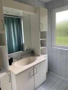 Solhøj - a nice quite place just outside Billund في بيلوند: حمام أبيض مع حوض ونافذة